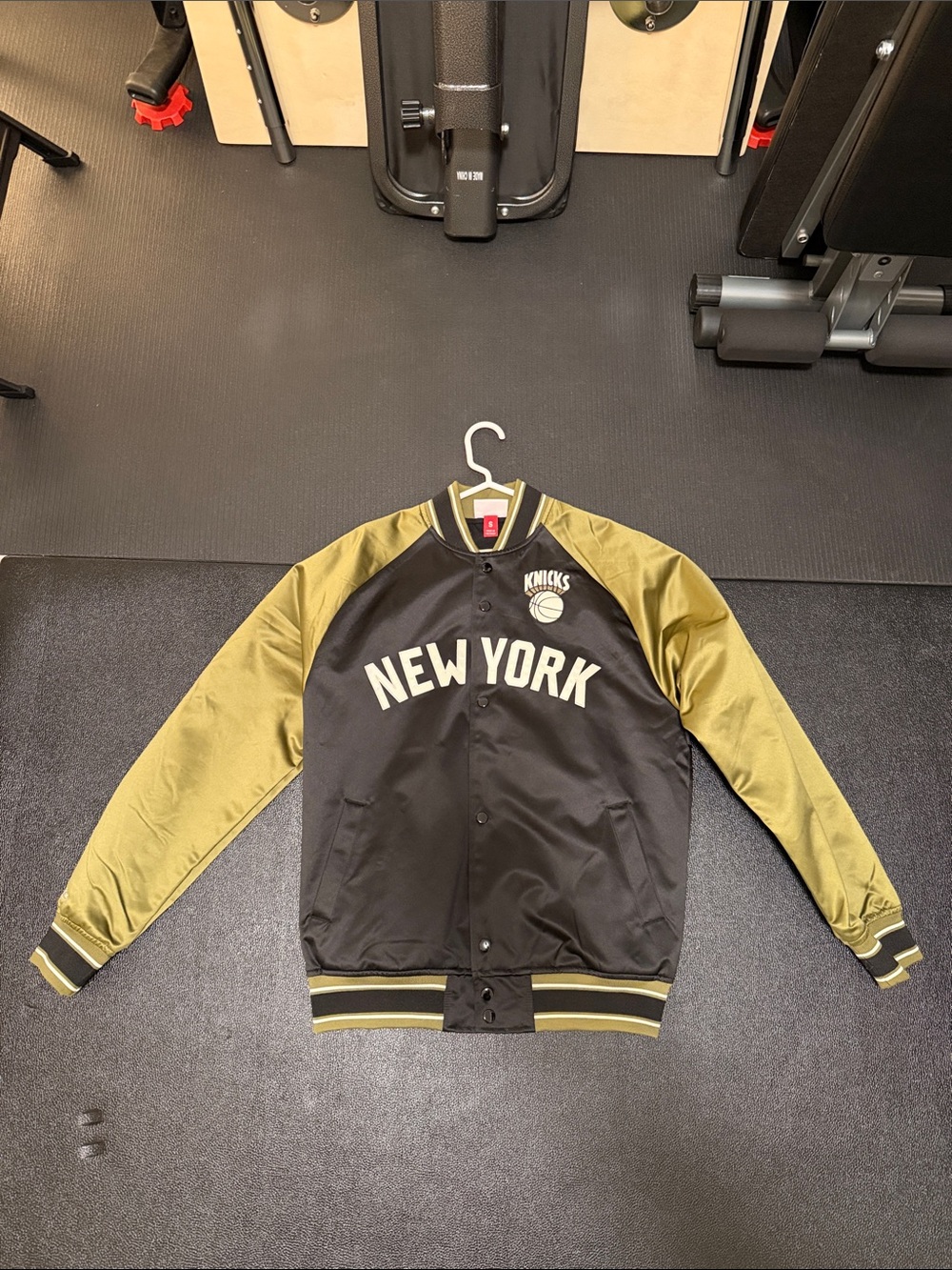 Used Mitchell & Ness Black and Olive New York Knicks Satin Bomber Jacket